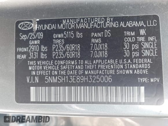 ✅ 2009 Hyundai Santa Fe SE • VIN: 5NMSH13E89H325006 • Lot: 42298182. Listed on IAAI with 164,253 mi. Free auction sales archive from the USA and detailed vehicle history report at DreamBid. Image 9.