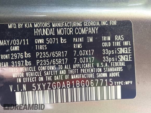 2011 Hyundai Santa Fe GLS z VIN 5XYZGDAB1BG067715, wystawiony jako IAAI lot #43340754 z przebiegiem 188 629 mil mil oraz . Historia ofert i sprzedaży dostępna na DreamBid. Obrazek 9.