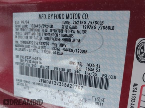 ✅ 2005 Ford Freestar SEL • VIN: 2FMDA52225BA22707 • Lot: 43730140. Listed on IAAI with 69,831 mi. Free auction sales archive from the USA and detailed vehicle history report at DreamBid. Image 9.