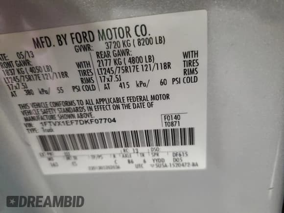 ✅ 2013 Ford F-150 XL • VIN: 1FTVX1EF7DKF07704 • Lot: 49438655. Listed on Copart with 376,742 mi. Free auction sales archive from the USA and detailed vehicle history report at DreamBid. Image 12.