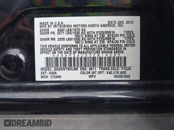 2013 Mitsubishi Outlander ES z VIN 4A4AP3AU5DE014285, wystawiony jako IAAI lot #42982842 z przebiegiem 153 853 mil mil oraz . Historia ofert i sprzedaży dostępna na DreamBid. Obrazek 9.