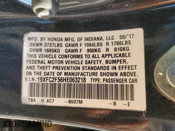 ✅ 2017 Honda Civic LX • VIN: 19XFC2F56HE063218 • Lot: 82441185. Listed on Copart with 230,601 mi. Free auction sales archive from the USA and detailed vehicle history report at DreamBid. Image 12.