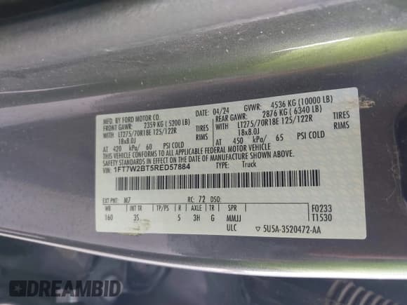 ✅ 2024 Ford F-250 XL • VIN: 1FT7W2BT5RED57884 • Лот: 42605362. Опубликован ранее на IAAI с пробегом 37 644 миль. Бесплатный доступ к архиву аукционных продаж из США и подробный отчёт об истории автомобиля на DreamBid. Изображение 9.