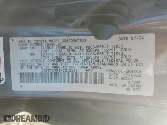 ✅ 2004 Toyota 4Runner Limited • VIN: JTEZT17R140019313 • Lot: 42952395. Listed on Copart with 195,639 mi. Free auction sales archive from the USA and detailed vehicle history report at DreamBid. Image 13.