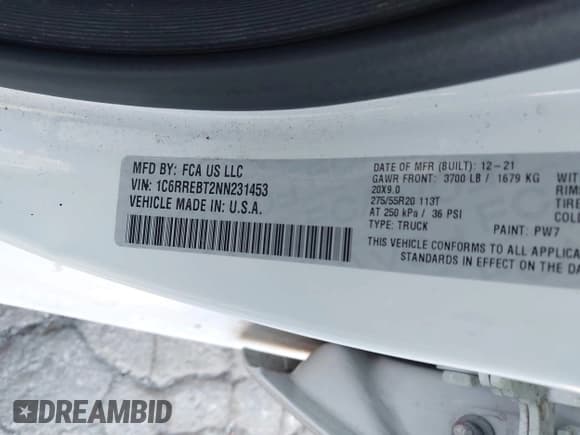 ✅ 2022 Ram 1500 Big Horn • VIN: 1C6RREBT2NN231453 • Lot: 43480006. Listed on IAAI with 77,567 mi. Free auction sales archive from the USA and detailed vehicle history report at DreamBid. Image 9.