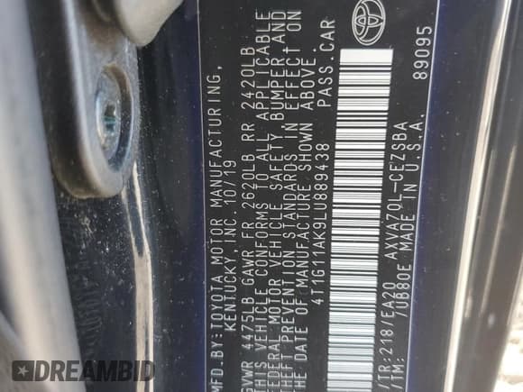 ✅ 2020 Toyota Camry SE • VIN: 4T1G11AK9LU889438 • Lot: 82437615. Listed on Copart with Not provided. Free auction sales archive from the USA and detailed vehicle history report at DreamBid. Image 12.