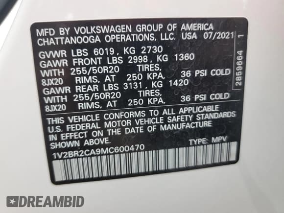 ✅ 2021 Volkswagen Atlas SEL • VIN: 1V2BR2CA9MC600470 • Lot: 86498955. Listed on Copart with 53,551 mi. Free auction sales archive from the USA and detailed vehicle history report at DreamBid. Image 13.