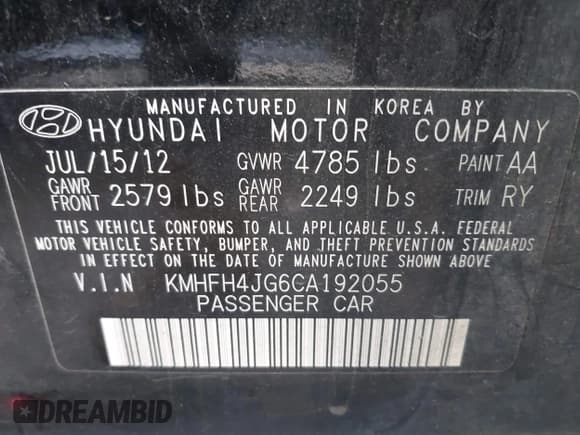 ✅ 2012 Hyundai Azera • VIN: KMHFH4JG6CA192055 • Лот: 43228294. Опубликован ранее на IAAI с пробегом 170 887 миль. Бесплатный доступ к архиву аукционных продаж из США и подробный отчёт об истории автомобиля на DreamBid. Изображение 9.