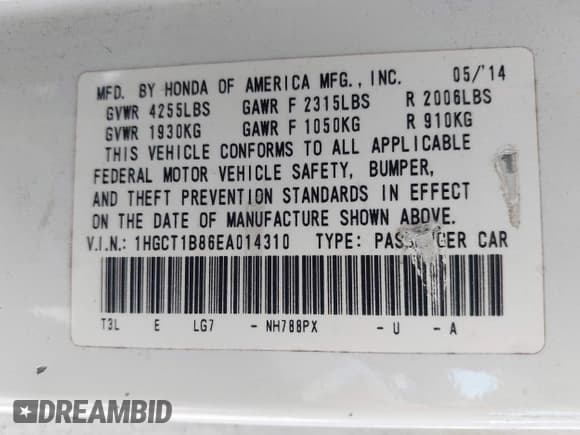 ✅ 2014 Honda Accord EX-L • VIN: 1HGCT1B86EA014310 • Lot: 43008472. Listed on IAAI with 126,630 mi. Free auction sales archive from the USA and detailed vehicle history report at DreamBid. Image 9.