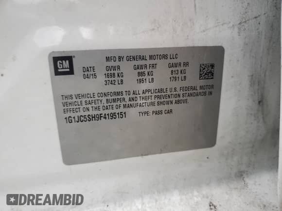 2015 Chevrolet Sonic LT с VIN 1G1JC5SH9F4195151, выставлен на аукционе Copart как лот 72985224 с пробегом 86 849 миль миль и Списание • Salvage title. История ставок и продаж доступна на DreamBid. Изображение 12.