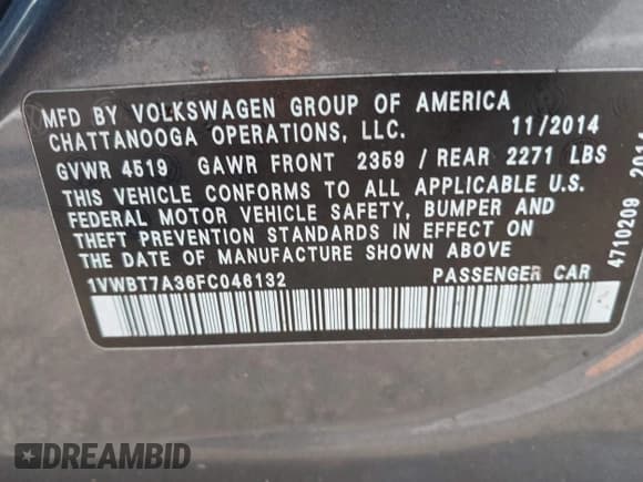 ✅ 2015 Volkswagen Passat SE • VIN: 1VWBT7A36FC046132 • Lot: 42680052. Listed on IAAI with 93,839 mi. Free auction sales archive from the USA and detailed vehicle history report at DreamBid. Image 9.