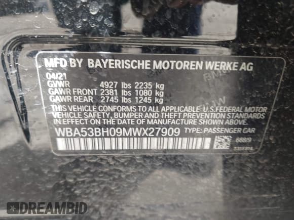 ✅ 2021 BMW 5 Series 530i • VIN: WBA53BH09MWX27909 • Lot: 42315030. Listed on IAAI with 35,238 mi. Free auction sales archive from the USA and detailed vehicle history report at DreamBid. Image 9.