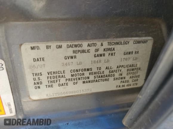 ✅ 2008 Chevrolet Aveo LS • VIN: KL1TD56698B015372 • Lot: 53656655. Wystawiony na Copart z przebiegiem 192 323 mil. Bezpłatny archiwum sprzedaży aukcyjnych z USA i szczegółowy raport historii pojazdu na DreamBid. Zdjęcie 14.