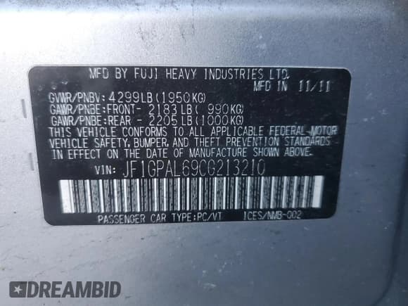 ✅ 2012 Subaru Impreza Special Sports Premium • VIN: JF1GPAL69CG213210 • Lot: 43901865. Listed on Copart with 82,927 mi. Free auction sales archive from the USA and detailed vehicle history report at DreamBid. Image 14.