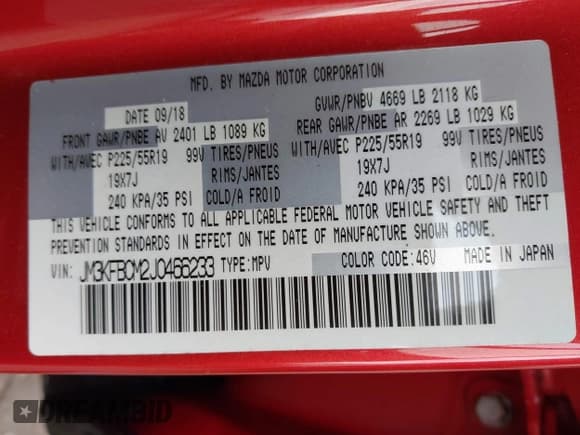 ✅ 2018 Mazda CX-5 Touring • VIN: JM3KFBCM2J0466233 • Lot: 43220530. Listed on IAAI with 109,259 mi. Free auction sales archive from the USA and detailed vehicle history report at DreamBid. Image 9.