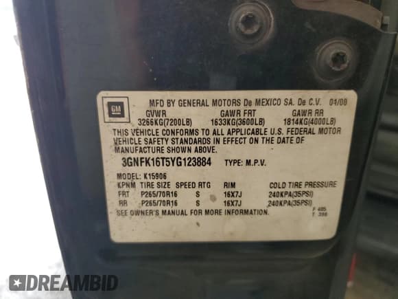 ✅ 2000 Chevrolet Suburban LS • VIN: 3GNFK16T5YG123884 • Лот: 67446805. Опубликован ранее на Copart с пробегом 293 903 миль. Бесплатный доступ к архиву аукционных продаж из США и подробный отчёт об истории автомобиля на DreamBid. Изображение 13.