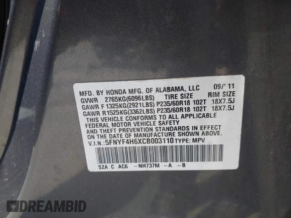 ✅ 2012 Honda Pilot EX-L • VIN: 5FNYF4H6XCB003110 • Лот: 42573576. Опубликован ранее на IAAI с пробегом 284 866 миль. Бесплатный доступ к архиву аукционных продаж из США и подробный отчёт об истории автомобиля на DreamBid. Изображение 9.