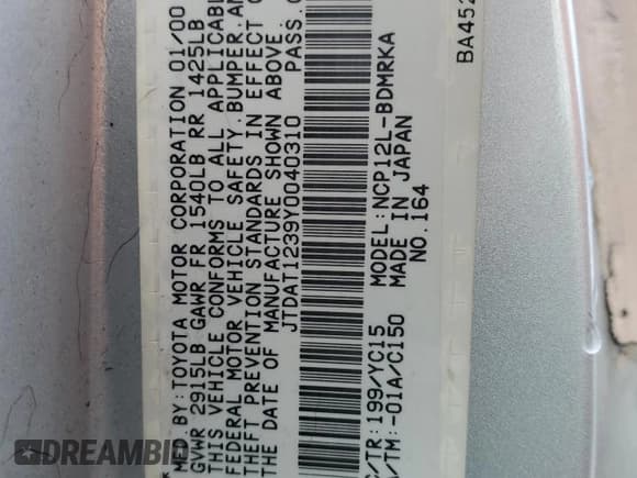 ✅ 2000 Toyota ECHO • VIN: JTDAT1239Y0040310 • Lot: 69115394. Listed on Copart with 103,347 mi. Free auction sales archive from the USA and detailed vehicle history report at DreamBid. Image 12.