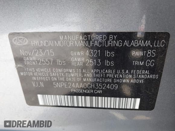 ✅ 2016 Hyundai Sonata Eco • VIN: 5NPE24AA0GH352409 • Lot: 43358027. Listed on IAAI with Not provided. Free auction sales archive from the USA and detailed vehicle history report at DreamBid. Image 9.
