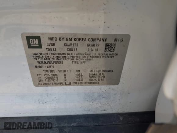 ✅ 2020 Chevrolet Trax LS • VIN: KL7CJKSB3LB028062 • Lot: 43432172. Listed on IAAI with 96,562 mi. Free auction sales archive from the USA and detailed vehicle history report at DreamBid. Image 9.