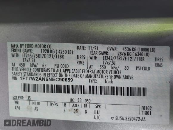 ✅ 2022 Ford F-250 • VIN: 1FT7W2AN6NEC90659 • Лот: 42916532. Опубликован ранее на IAAI с пробегом 150 212 миль. Бесплатный доступ к архиву аукционных продаж из США и подробный отчёт об истории автомобиля на DreamBid. Изображение 9.