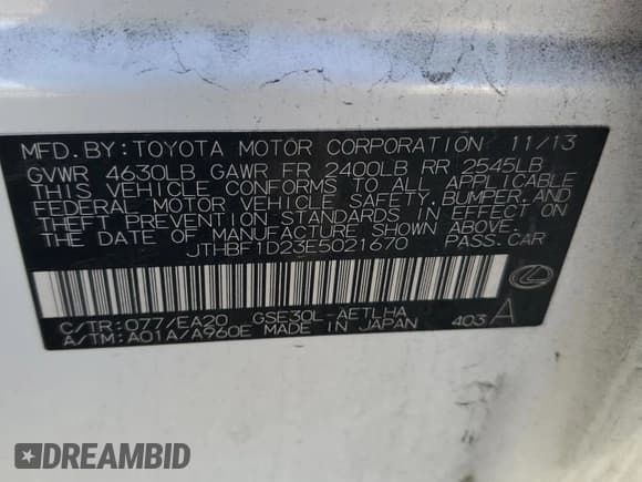 ✅ 2014 Lexus IS 250 • VIN: JTHBF1D23E5021670 • Лот: 86552695. Опубликован ранее на Copart с пробегом 173 064 миль. Бесплатный доступ к архиву аукционных продаж из США и подробный отчёт об истории автомобиля на DreamBid. Изображение 12.