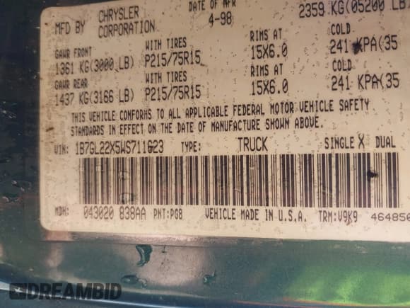 ✅ 1998 Dodge Dakota SLT • VIN: 1B7GL22X5WS711623 • Lot: 43658731. Wystawiony na IAAI z przebiegiem 268 139 mil. Bezpłatny archiwum sprzedaży aukcyjnych z USA i szczegółowy raport historii pojazdu na DreamBid. Zdjęcie 9.