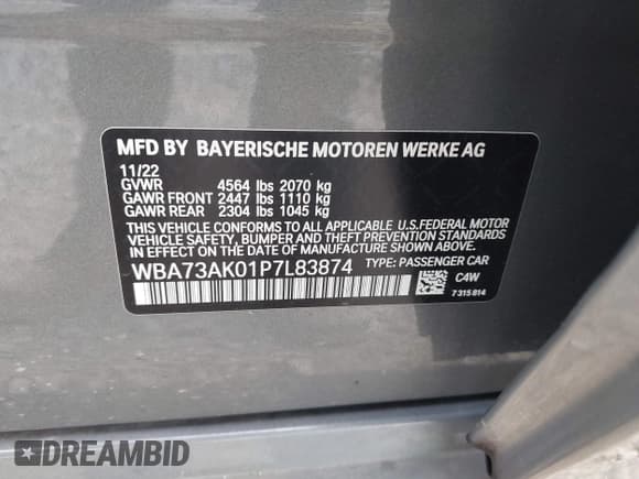 ✅ 2023 BMW 2 Series 228i xDrive • VIN: WBA73AK01P7L83874 • Lot: 42705294. Listed on IAAI with 7,448 mi. Free auction sales archive from the USA and detailed vehicle history report at DreamBid. Image 9.