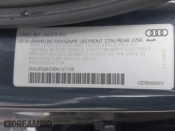 ✅ 2014 Audi A6 Premium Plus • VIN: WAUFGAFC6EN137139 • Lot: 43787853. Listed on IAAI with 124,363 mi. Free auction sales archive from the USA and detailed vehicle history report at DreamBid. Image 9.