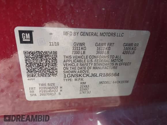 2020 Chevrolet Tahoe Premier z VIN 1GNSKCKJ6LR186564, wystawiony jako IAAI lot #41901414 z przebiegiem 129 156 mil mil oraz . Historia ofert i sprzedaży dostępna na DreamBid. Obrazek 9.