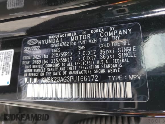 2023 Hyundai Kona SE z VIN KM8K23AG3PU166172, wystawiony jako Copart lot #43836833 z przebiegiem 5 169 mil mil oraz . Historia ofert i sprzedaży dostępna na DreamBid. Obrazek 14.