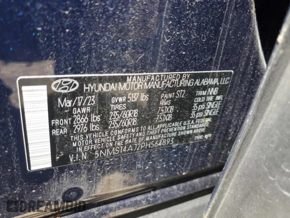 ✅ 2023 Hyundai Santa Fe SE • VIN: 5NMS14AJ2PH564893 • Lot: 53378765. Listed on Copart with 23,386 mi. Free auction sales archive from the USA and detailed vehicle history report at DreamBid. Image 13.