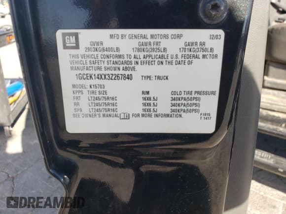 ✅ 2003 Chevrolet Silverado 1500 • VIN: 1GCEK14XX3Z267840 • Lot: 82619445. Listed on Copart with 119,521 mi. Free auction sales archive from the USA and detailed vehicle history report at DreamBid. Image 13.