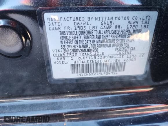 ✅ 2021 Nissan Versa S • VIN: 3N1CN8DV3ML904956 • Lot: 92364895. Listed on Copart with 32,524 mi. Free auction sales archive from the USA and detailed vehicle history report at DreamBid. Image 12.