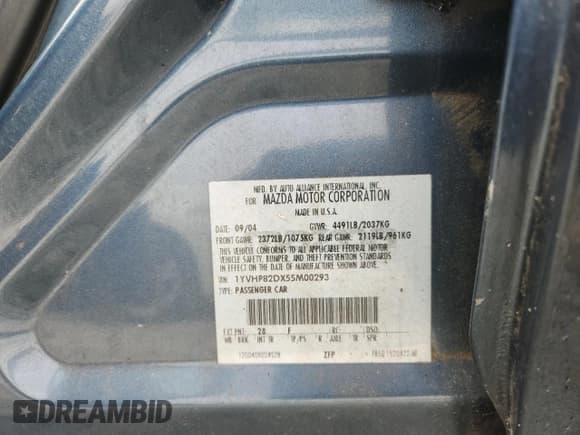 ✅ 2005 Mazda 6 Sport S • VIN: 1YVHP82DX55M00293 • Lot: 91430235. Wystawiony na Copart z przebiegiem 125 775 mil. Bezpłatny archiwum sprzedaży aukcyjnych z USA i szczegółowy raport historii pojazdu na DreamBid. Zdjęcie 12.