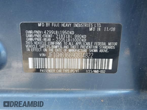 ✅ 2009 Subaru Impreza Outback Special Sports • VIN: JF1GH63669G814822 • Lot: 43216953. Listed on IAAI with 152,401 mi. Free auction sales archive from the USA and detailed vehicle history report at DreamBid. Image 9.