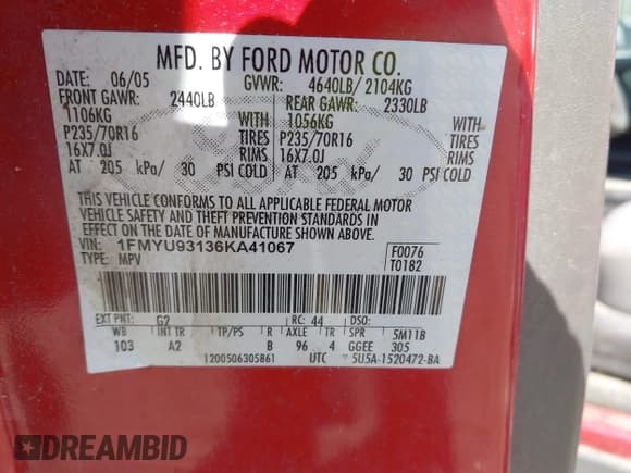 ✅ 2006 Ford Escape XLT • VIN: 1FMYU93136KA41067 • Lot: 43254825. Listed on IAAI with 238,124 mi. Free auction sales archive from the USA and detailed vehicle history report at DreamBid. Image 9.