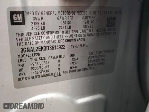 ✅ 2013 Chevrolet Captiva Sport LS • VIN: 3GNAL2EK3DS614922 • Lot: 49655415. Wystawiony na Copart z przebiegiem 157 874 mil. Bezpłatny archiwum sprzedaży aukcyjnych z USA i szczegółowy raport historii pojazdu na DreamBid. Zdjęcie 13.