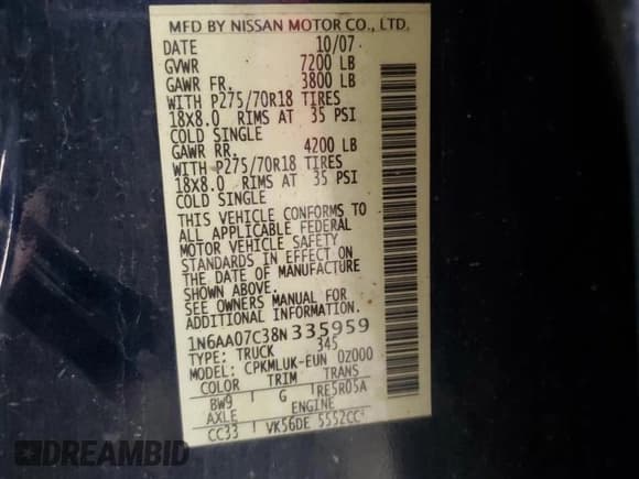 ✅ 2008 Nissan Titan XE • VIN: 1N6AA07C38N335959 • Lot: 92658665. Listed on Copart with 220,515 mi. Free auction sales archive from the USA and detailed vehicle history report at DreamBid. Image 12.