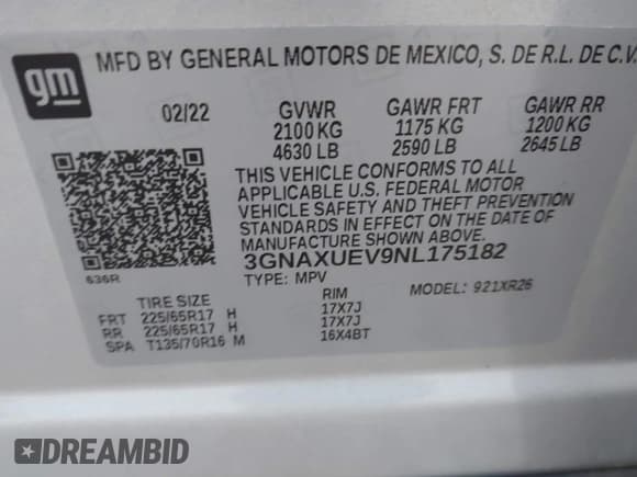 ✅ 2022 Chevrolet Equinox LT • VIN: 3GNAXUEV9NL175182 • Lot: 43687421. Listed on IAAI with 58,701 mi. Free auction sales archive from the USA and detailed vehicle history report at DreamBid. Image 9.