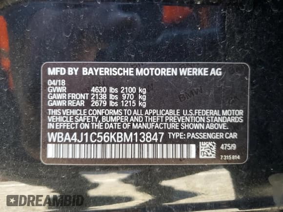 ✅ 2019 BMW 4 Series 430i • VIN: WBA4J1C56KBM13847 • Lot: 86896645. Listed on Copart with 56,117 mi. Free auction sales archive from the USA and detailed vehicle history report at DreamBid. Image 12.