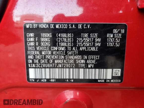 ✅ 2018 Honda HR-V EX-L • VIN: 3CZRU6H77JM729072 • Лот: 87369255. Опубликован ранее на Copart с пробегом 92 047 миль. Бесплатный доступ к архиву аукционных продаж из США и подробный отчёт об истории автомобиля на DreamBid. Изображение 13.