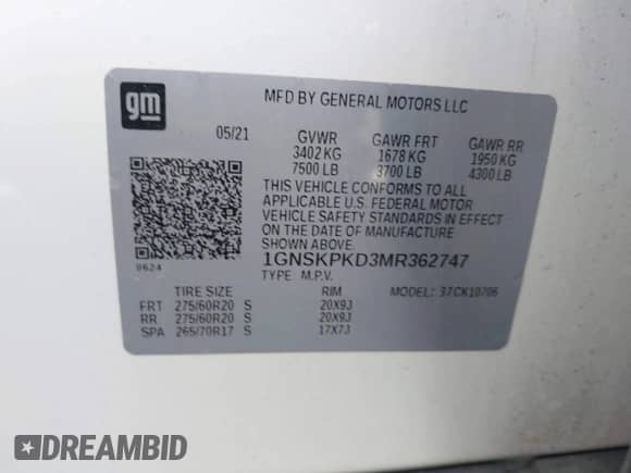 2021 Chevrolet Tahoe Z71 с VIN 1GNSKPKD3MR362747, выставлен на аукционе IAAI как лот 43323832 с пробегом 91 950 миль миль и . История ставок и продаж доступна на DreamBid. Изображение 9.