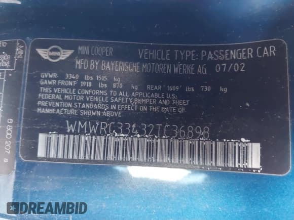 ✅ 2002 MINI Hardtop • VIN: WMWRC33432TC36898 • Lot: 43914325. Listed on IAAI with 131,840 mi. Free auction sales archive from the USA and detailed vehicle history report at DreamBid. Image 9.
