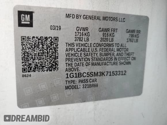 ✅ 2019 Chevrolet Cruze LS • VIN: 1G1BC5SM3K7153312 • Lot: 72824472. Listed on Copart with 50,368 mi. Free auction sales archive from the USA and detailed vehicle history report at DreamBid. Image 13.