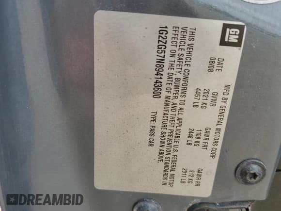 ✅ 2009 Pontiac G6 1SA • VIN: 1G2ZG57N894143600 • Lot: 62456245. Wystawiony na Copart z przebiegiem 105 649 mil. Bezpłatny archiwum sprzedaży aukcyjnych z USA i szczegółowy raport historii pojazdu na DreamBid. Zdjęcie 12.