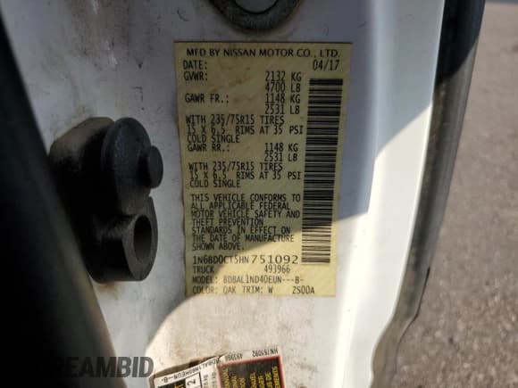 ✅ 2017 Nissan Frontier SV • VIN: 1N6BD0CT5HN751092 • Lot: 87043435. Listed on Copart with 194,083 mi. Free auction sales archive from the USA and detailed vehicle history report at DreamBid. Image 12.