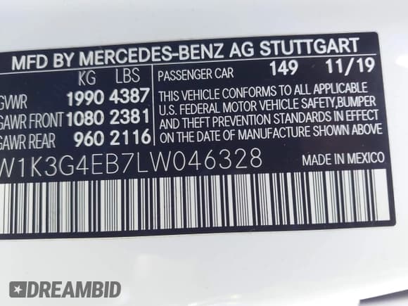 ✅ 2020 Mercedes-Benz A 220 • VIN: W1K3G4EB7LW046328 • Lot: 43562915. Listed on IAAI with Not provided. Free auction sales archive from the USA and detailed vehicle history report at DreamBid. Image 9.