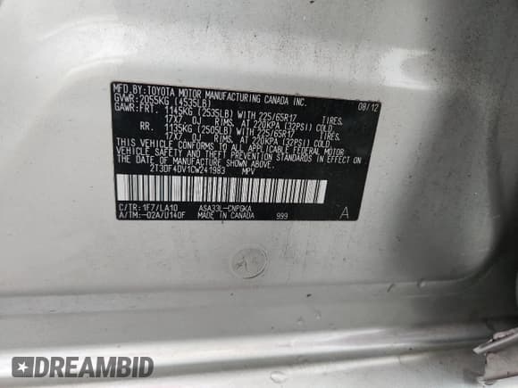 ✅ 2012 Toyota RAV4 Limited • VIN: 2T3DF4DV1CW241983 • Lot: 60022505. Listed on Copart with 116,289 mi. Free auction sales archive from the USA and detailed vehicle history report at DreamBid. Image 12.