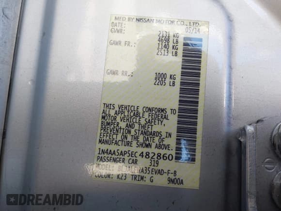 ✅ 2014 Nissan Maxima S • VIN: 1N4AA5AP5EC482860 • Lot: 43545155. Listed on IAAI with 109,305 mi. Free auction sales archive from the USA and detailed vehicle history report at DreamBid. Image 9.